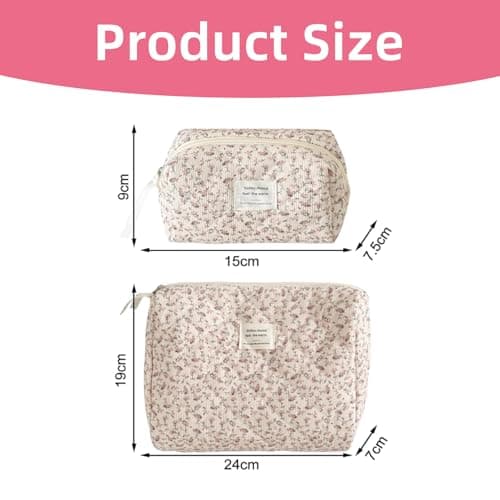 2 Pcs Small Cosmetic Bag, Rose Floral Canvas Makeup Bag, Multifunctional Travel Toiletry Bag, Flower Printing Corduroy Pencil Case for Women Girls Birthday Gift (Pink Flower) — view 2