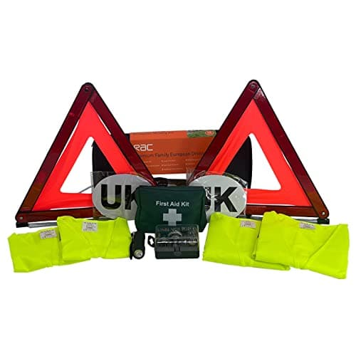 RAC Premium Family European Driving Kit - Car Travel Kit for Roadside Emergency & Breakdown in Europe - First Aid Kid, Hi-Vis Vests, Spare Bulb Kit, UK Car Sign, 2 x Warning Triangle & Torch