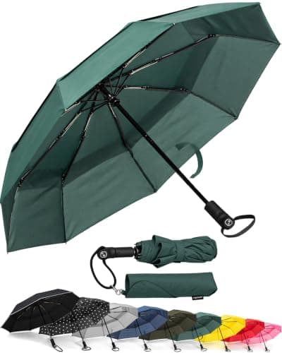 Ergonauts Travel Umbrella Windproof Vented Double Canopy – Teflon Coating, Ergonomic Handle & Protective Sleeve – Portable Compact Foldable Lightweight Design and High Wind Resistance (Forest Green)