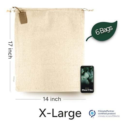 Leafico Cotton Storage Bags with Drawstrings - X-Large 36x43 cm 6 Pcs - Multipurpose Canvas Fabric Bread Bags for Bulk Food Produce, Potatoes, Onions, Shoes — view 2
