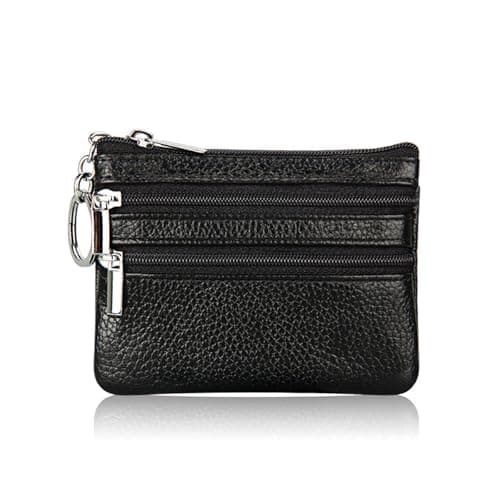 Gadom Small Coin Purse, Leather Wallet for Woman, Zipper Coin Pocket Small Ladies Purse with 3 Compartments & Keychain, Lightweight, Easy to Carry (Black)