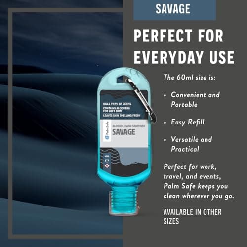 Palm Safe Savage 60ml Anti Bacterial Premium Hand Sanitiser Travel Size Refillable Clip Bottle Quick Drying Non Sticky Extra Moisturising Kills 99.9% of Viruses and Bacteria — view 6