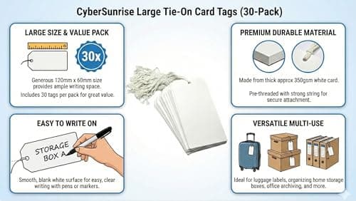 CyberSunrise Large White Tie-On Tags with String | Heavy Duty 350gsm Blank Write-On Card Luggage Labels | Pre-Strung for Gifts, Storage, Luggage, Inventory & Moving Boxes - 120mm x 60mm, Pack of 30 — view 4
