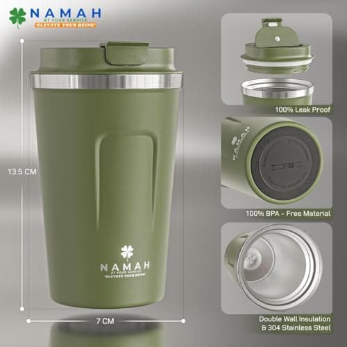 Namah® 380 ML Insulated Stainless Steel Coffee Mug with Lid, Double Wall Vacuum Travel Mug for Hot & Cold Drinks, Reusable Coffee Cup for Office, Home & Travel, Forest Olive Green — view 3