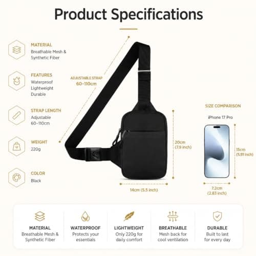 Simptech Small Sling Bag Cross Body Chest Bag Shoulder Bag for Men Women Water Resistant Crossbody Man Bag for Runner Workout Hiking Cycling Travelling (2023 Black) — view 6