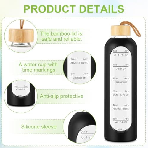 AOOWU Glass Water Bottle with Time Marker, 1000ml Leak-proof Sports Glass Water Bottle with Bamboo Lid, Sports Drinking Bottle, Reusable Silicone Case Glass Drinking Bottle, Motivational Water Bottle — view 3