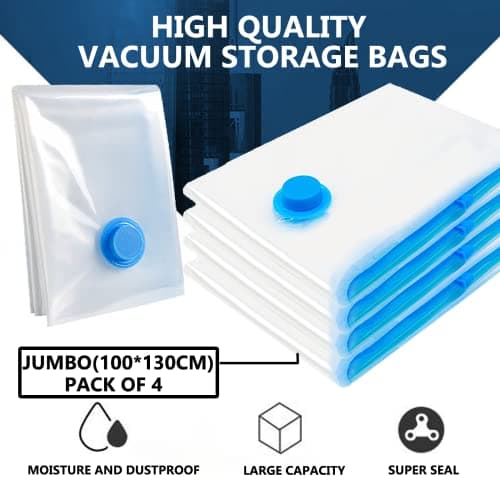 Vacuum Storage Bags for Clothes - 4 Pack 130 X 100cm Extra Large Reusable Sealer with Double Zip Seal Travel Space Saver Duvets, Bedding, Quilts, Pillows — view 6