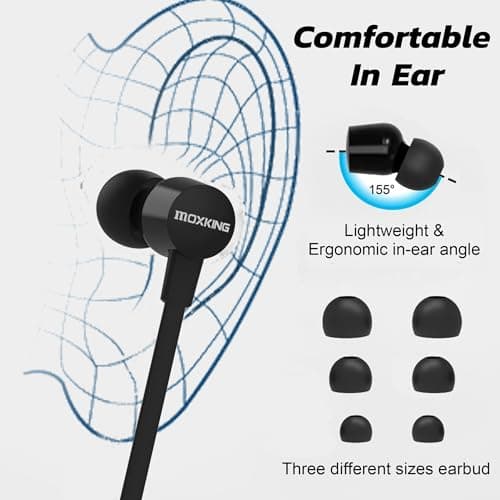 MOXKING Wired Tangle Free Earphones With for kids women small ears, Comfortable and Lightweight Flat Cable Ear bud with Microphone and Volume Control for Cell Phone Laptop — view 3