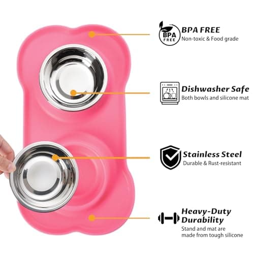 Hubulk Pet Dog Bowls 2 Stainless Steel Dog Bowl with No Spill Non-Skid Silicone Mat + Pet Food Scoop Water and Food Feeder Bowls for Feeding Small Medium Large Dogs Cats Puppies (M, Pink) — view 2