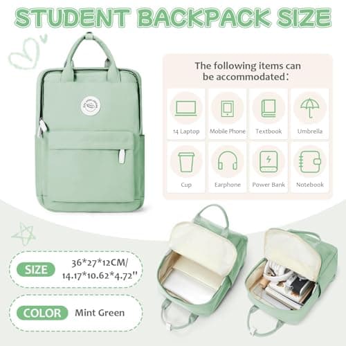 HYC00 Lightweight School Backpack Secondary Girls Boys School Bags for Teenager College Students Water Resistant Casual Travel Rucksack Bag for Women Men 14 inch Laptop Backpack Bookbag, Mint Green — view 2