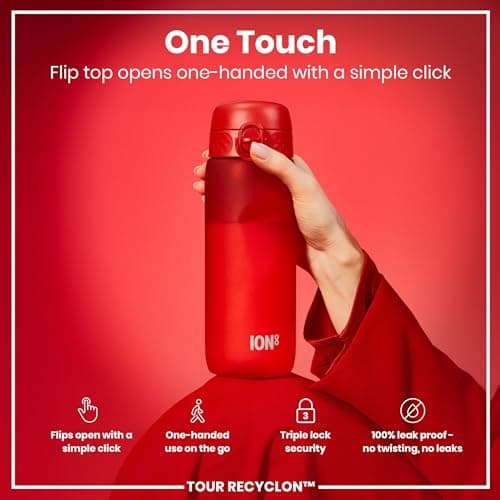 ION8 Sports Water Bottle, 750 ml/24 oz, Leak Proof, Easy to Open, Secure Lock, Dishwasher Safe, BPA Free, Flip Cover, Carry Handle, Soft Touch Contoured Grip, Easy Clean, Odour Free, Red — view 3