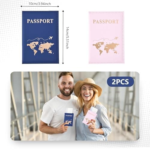 Noenaeni 2PCS Passport Holder, PU Leather Passport Cover, Blue, Pink — view 2