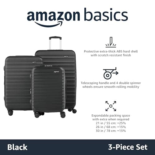 Amazon Basics Hard Shell Luggage Set (Small + Medium + Large) - Expandable ABS Travel Luggage with 4 Double Spinner Wheels - Scratch Resistant and Lightweight Construction - Black — view 2