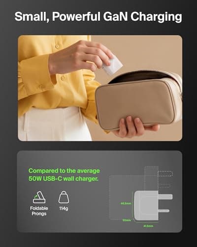 Belkin 2-Port USB-C Plug 50W, Dual-Port GaN Charger with 2x USB C Ports, Fast Charging for MacBook, iPhone 16, iPad Pro, Chromebook, Galaxy S25 Ultra, Pixel 9, etc. - Travel Essentials - White — view 3