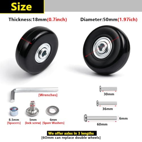 HKATOPS Luggage Replacement Wheels Set, 4 Pack Rubber Caster Wheels with Bearings & Axles for Suitcase Trolley Repair (50mm*18mm) — view 2