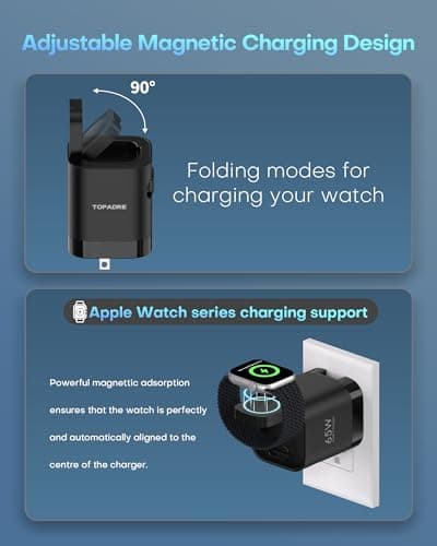 65W Retractable Travel USB C Charger for apple watch, Foldable Travel Adapter Plug Converter with UK/EU/AU Plugs, Fast charging for iwatch S11/10/9/8/7, for Macbook series and iPhone 17/16/15, Black — view 3