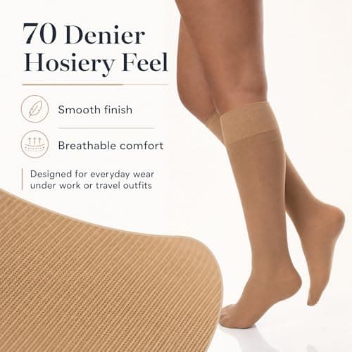 Divertd Women's Knee High Compression Stockings, 70 Denier Class I 8-15 mmHg Flight Socks, Nude, L/XL — view 4