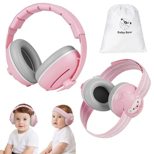 Adiwo 2-in-1 Baby Ear Defender, Non-Slip Baby Headphones, Noise Canceling Headphone & Headband for Babies, Ultra-Soft and Adjustable to 0-48 Months, Hearing Protection for Sleep Travel, Pink