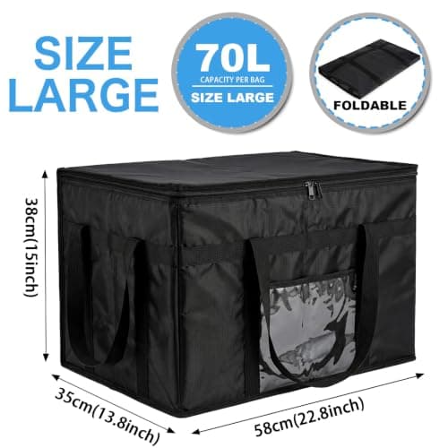 70L Insulated Thermal Bag for Food Delivery – Extra Large Cooler Bag, Heavy Duty Foldable Cool Bag for Grocery Shopping, Picnic & Commercial Use (1, Black-70l) — view 2