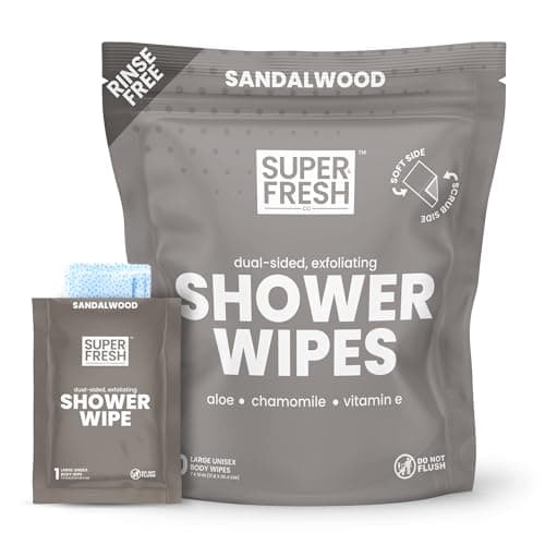 Super Fresh Shower Wipes Large Sandalwood Body Wipes for No Rinse Bathing Personal Hygiene Gym Travel or Camping Enriched with Aloe and Vitamin E 10 Individually Wrapped Disposable Sheets