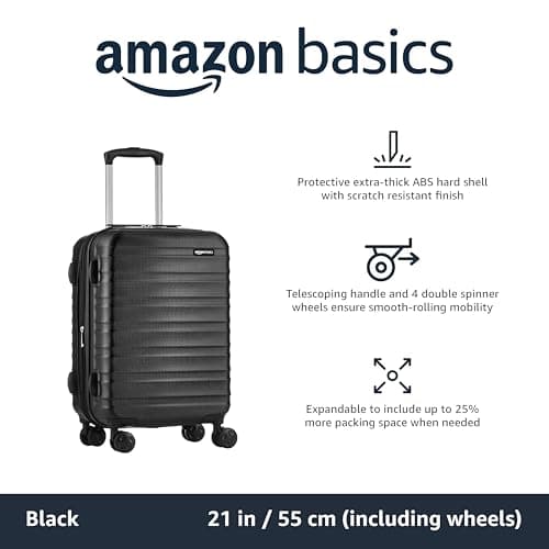 Amazon Basics Hard Shell Small Suitcase - Expandable ABS Hand Luggage with 4 Double Spinner Wheels - Scratch Resistant and Lightweight Construction - 55 x 37.5 x 25.5cm - Black — view 2