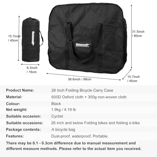 Rhinowalk Folding Bike Bag for 20/26 inch Folding Bikes - Waterproof Bicycle Travel Carrying Case Outdoors Bike Transport Bag for Cars Train Air Travel (Black 26inch) — view 2