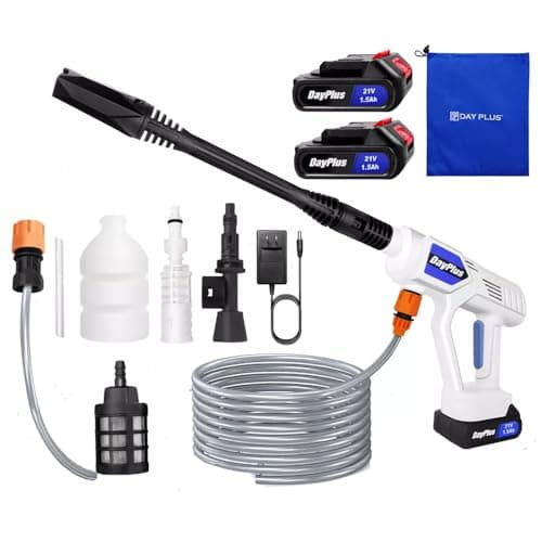 Battery Cordless Car High Pressure Washer Jet Water Wash Cleaner Gun Portable with 2pcs Li-Ion Battery, Charger, Adjustable Nozzle, Accessories, 2 quick release couplings and 5M+25CM Hose