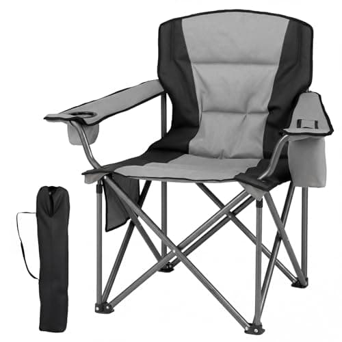 COSTWAY 180kg Oversized Camping Chair, Portable Folding Chair with Carrying Bag, Zippered Cooler Pouch, Cup Holder and Side Storage Pocket, Outdoor Padded Lawn Chair for Fishing & Picnics (Grey+Black)