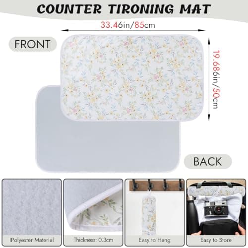 Aovanta Ironing Mat Pad, Portable Travel Iron Mat with Hanging Loop, 50 x 85cm Small Table Top Ironing Pad for Business Trips, Travel, Home (Yellow Flowers) — view 3
