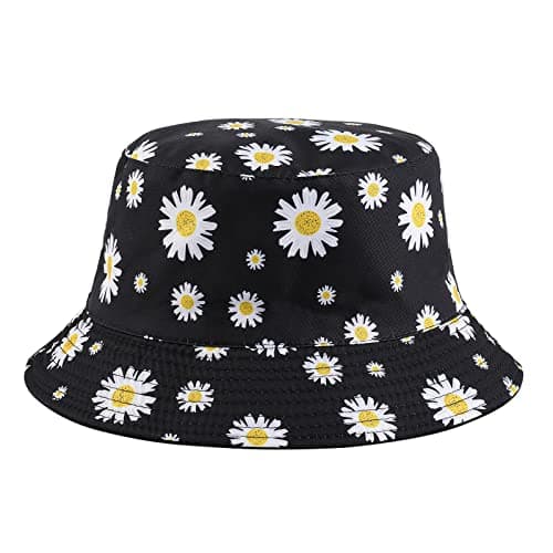 Sibba Summer Bucket Hat Packable Sailor Fisherman Caps for Fishing Golf Camping Travel Large Head Wide Brim Sun Protection Headwear Valentines Day for Men Women Teens Girls (Flower) Black — view 3