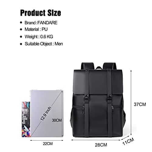 FANDARE Men Laptop Backpack Business Daypack Boy College School Bag Waterproof PU Leather Rucksack Teacher Travel Bags Lightweight School Bag for College Sports Stylish Bookbag Black — view 3