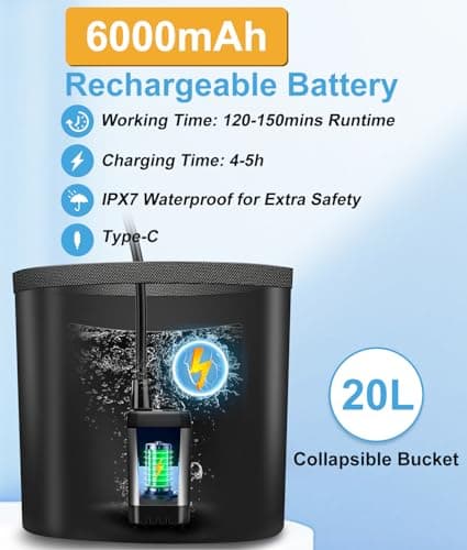 WADEO Portable Camping Shower, [6000mAh] [20L Collapsible Bucket] Rechargeable Battery Shower Pump, Outdoor Shower Kit for Beach, Pet, Travel, Car — view 3
