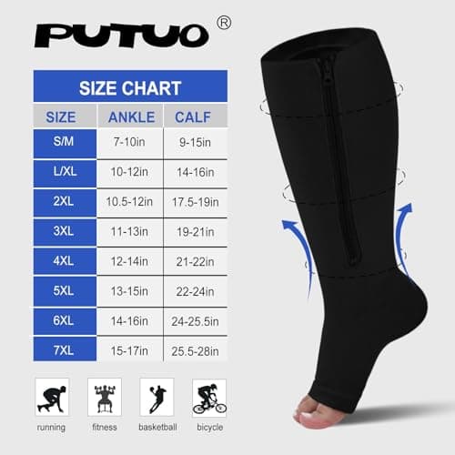 PUTUO Plus Size Compression Socks: Wide Calf Zip Flight Sock Women Men Extra Large Graduated Open Toe Support Stockings for Travel Black 3XL 1Pairs — view 2