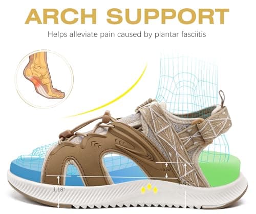 ONCAI Walking Sandals for Women, Sport Athletic Hiking Sandals With Arch Support Orthotic Outdoor Footbed for Plantar Fasciitis, Water Sandalias Mujer with Adjustable Strap Beige/White Size 5 — view 3