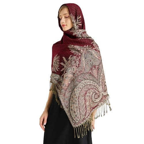vimate Rave Pashmina Shawls and Wraps-Soft Silky Burgundy Jacquard Evening Paisley Pashmina Scarves for Women Winter(UK-Style 2-Burgundy) — view 3