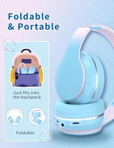 Bluetooth Kids Headphones,Wireless Kids Headphones Over Ear with Microphones,Stereo Sound ,10H Playtime,Foldable&Adjustable Children Headphones,Bluetooth 5.1 Headset for Adults School Travel (Blue) — view 6