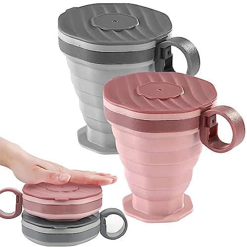 DQZSY Pack of 2 Foldable Silicone Cups, Foldable Travel Cups with Plastic Lid, Reusable Portable Cup Set, Suitable for Camping and Hiking