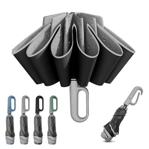 M.J COMFY-LIFE Compact Reverse Folding Umbrella with Ergonomic Carabiner Handle – Travel Umbrella Windproof & Waterproof, Auto Open/Close, Strong 10-Rib Frame, Portable Folding Umbrella (Grey)
