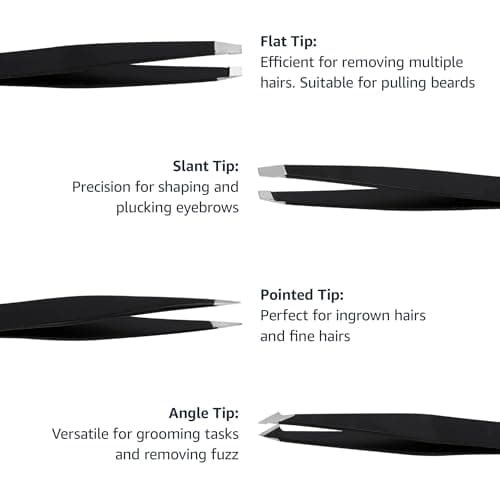 Amazon Basics Set of 4 Pack Professional Stainless Steel Tweezers for Facial Hair, Eyelash, Eyebrow or Ingrown Hair, with Travel Case, Black — view 2