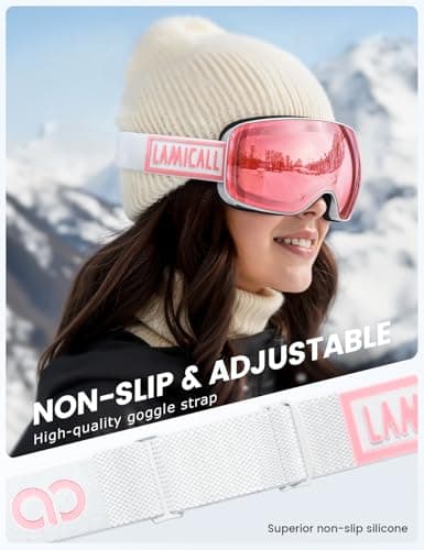 Lamicall Ski Goggles, Skiing Goggles - 【HD Spherical Lens】 Anti-fog Snow Snowboard Goggles with Wide OTG Over Helmet Compatible, UV400 Protection for Men & Women - White Frame - Pink — view 4