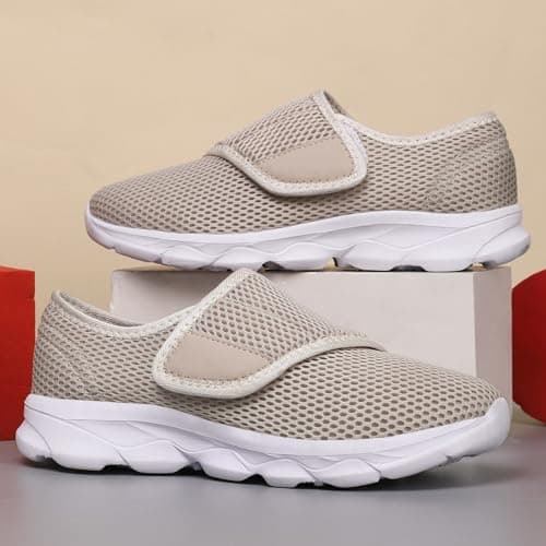 Men’s Slip On Walking Trainers with Cross Elastic Band Breathable Mesh Lightweight Cushioned Shoes for Summer Travel Outdoor Activities Beige, Size 5 — view 6