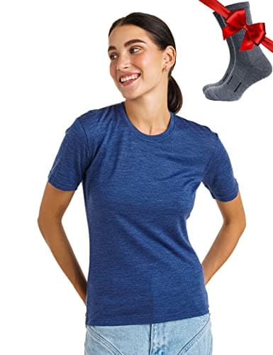 100% Merino Wool T Shirt Women - Merino Wool Base Layer Womens + Socks (Small, Windsor Blue)