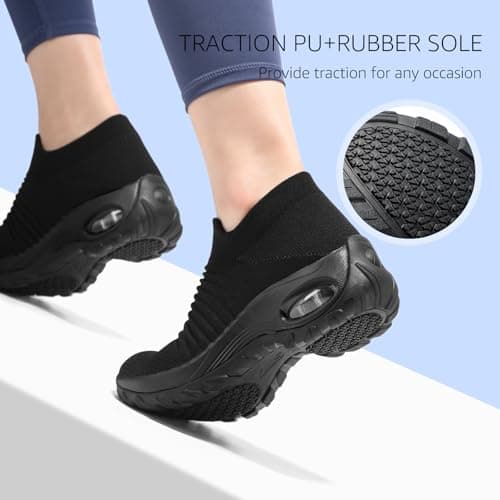STQ Slip On Lightweight Platform Loafers Sneakers Working Walking Trainers Gym Shoes Wide Fit Comfort Loafers Shoes, All Black, 6 UK — view 5