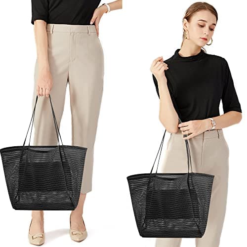 flintronic Mesh Beach Bag, Summer Beach Bag Oversized Ladies Tote Bag Shoulder Bag with Zipper Pockets Mesh Nylon Bag, Perfect for Beach Party Travel Picnic Vacation Shopping - Black — view 2