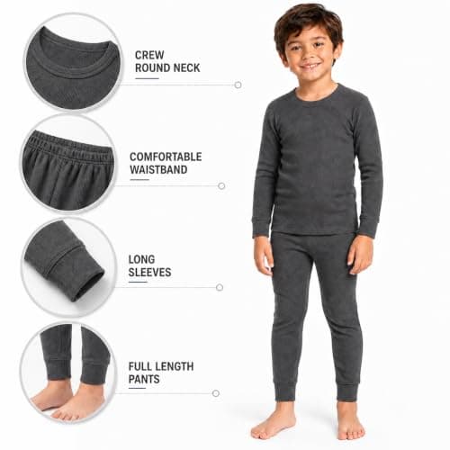 Kids Thermal Underwear Set, 2 Piece Winter Base Layer with Long Sleeve Crew Neck Top and Full Length Bottoms for Boys and Girls, School, Sports, Travel and Outdoor Activities (Charcoal, 5-6 Year) — view 6