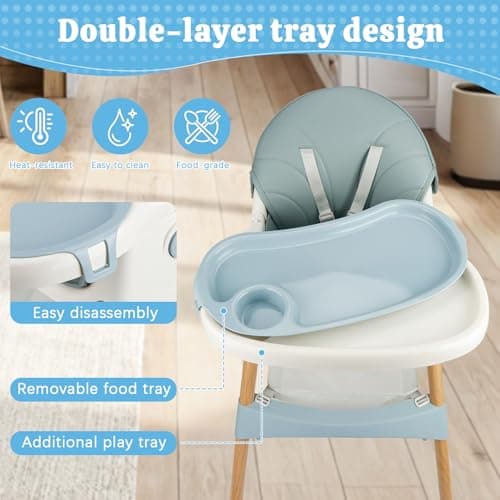 Baby High Chair Foldable Highchair, High Chairs for Babies and Toddlers Adjustable Height & Reclining Seat Detachable Double Tray, Ergonomic Feeding Portable Highchairs for Newborn 6 Months to 5 Years — view 6