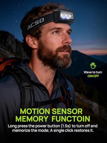 ACSO 3000mAh Head Torch Rechargeable,Super Bright LED Headlamp Headtorch with Motion Sensor Control,6 Light Modes,IPX5 Waterproof,Running,Camping,Hiking,Fishing,Hunting. — view 5