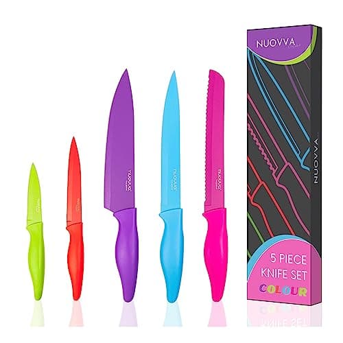 nuovva Professional Kitchen Knife Set – 5pcs Colour Coded Kitchen Knives – Stainless Steel Non Stick Blades – Chefs, Filleting, Bread, Paring and Utility Knives