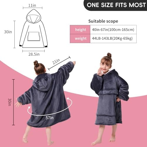 yescool Wearable Blanket Sweatshirt Kids, Oversized Blanket Hoodie with Sherpa for Kids, Youth, Boys, Girls, Portable Warm Travel Pillow, Teen Wearable Blankets, Hand Warmer, One Size, Grey — view 4