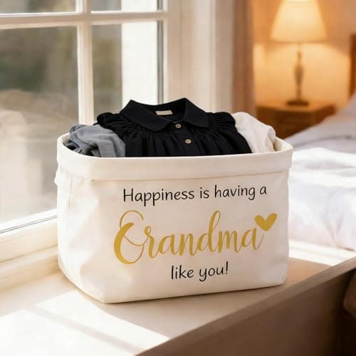 RUHSNJK Grandma Birthday Gifts, 21x23x15cm Canvas Storage Basket, Heartwarming Granny Gifts for Home, Happiness Message Grandma Bag for Mothers Day, Apricot — view 5